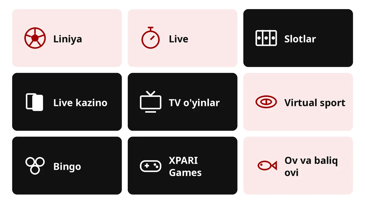 Xparibet bo'limlari: sport stavkalari (liniya, live) va kazino (slotlar, live kazino, TV o'yinlar, bingo)